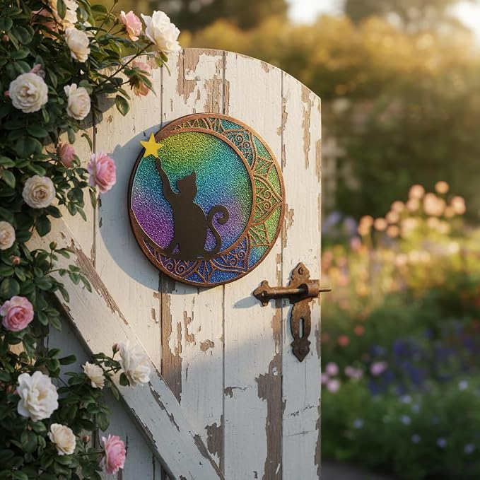 VEWOSTAR 11.8”Stained Glass Window Hanging Round Cat Sun Catchers with Star | Handmade Metal Frame Suncatcher for Window Stained Glass Panels for Wall Garden Decor