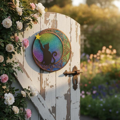 VEWOSTAR 11.8”Stained Glass Window Hanging Round Cat Sun Catchers with Star | Handmade Metal Frame Suncatcher for Window Stained Glass Panels for Wall Garden Decor