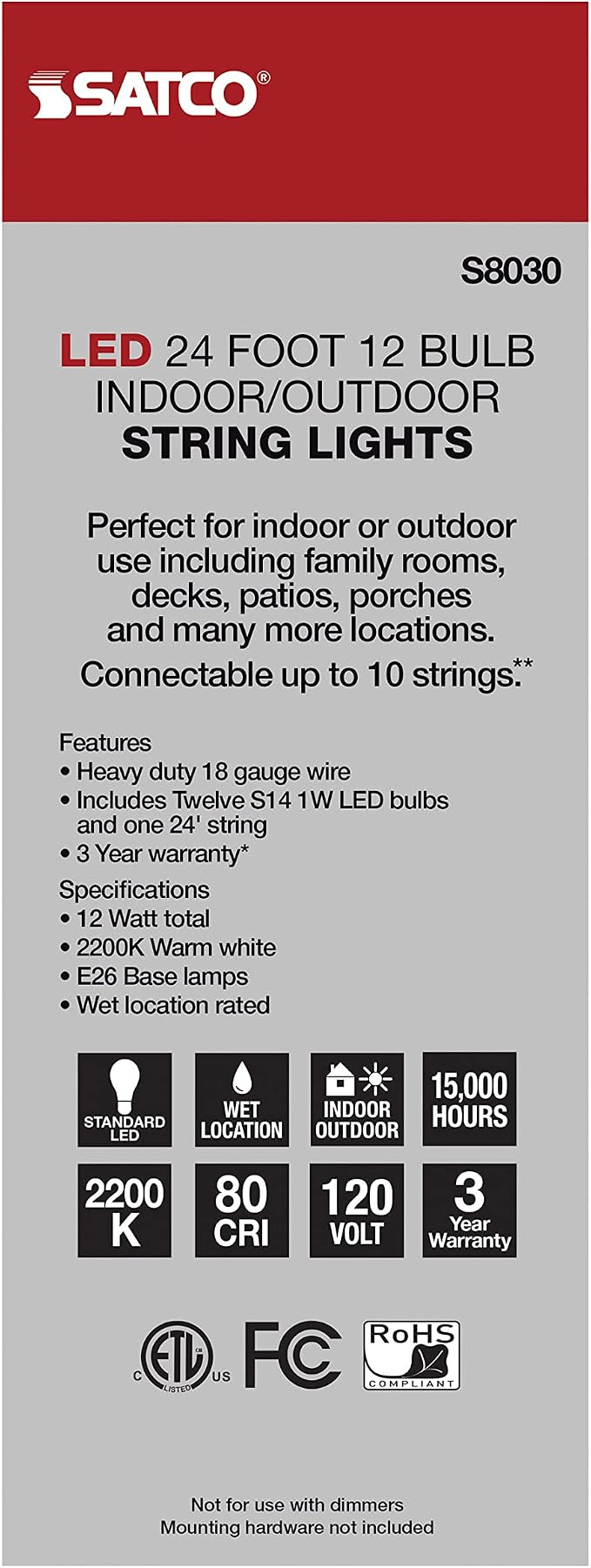 Satco S8030 LED Indoor/Outdoor String Lights, Black, S14 Bulbs, 24 Feet (Pack of 1)