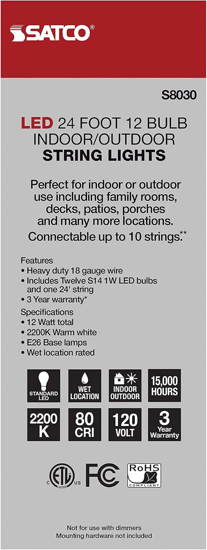 Satco S8030 LED Indoor/Outdoor String Lights, Black, S14 Bulbs, 24 Feet (Pack of 1)