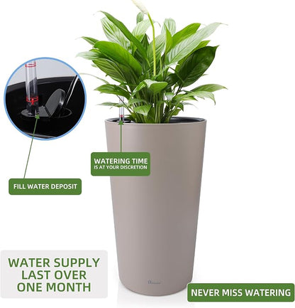Dexceder 22x13 Self Watering Tall Planter (Taupe Matte) | High Cylinder, Thickened Large Floor Standing Flower Plant Pot with Water Level Indicator Indoor Outdoor