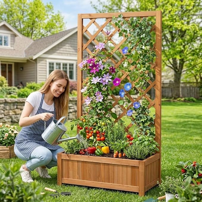 Wooden Raised Garden Bed with Trellis, 47" Outdoor Planter Box for Climbing Plants, Vertical Warm Brown Garden Planter for Vegetables, Flowers & Vines, Lattice Plant Support for Patio Yard Balcony
