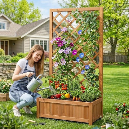 Wooden Raised Garden Bed with Trellis, 47" Outdoor Planter Box for Climbing Plants, Vertical Warm Brown Garden Planter for Vegetables, Flowers & Vines, Lattice Plant Support for Patio Yard Balcony