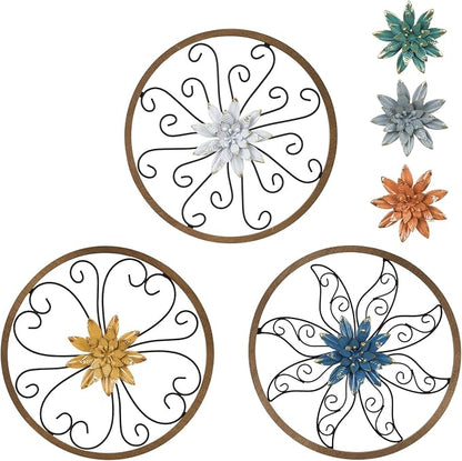 hogardeck Metal Flower Wall Decor - 3 pcs 11" Metal Wood Floral Wall Decoration with 6 Piece Interchangeable Flowers, Hanging Rustic Wall Art for Bedroom, Living Room, Bathroom, Kitchen