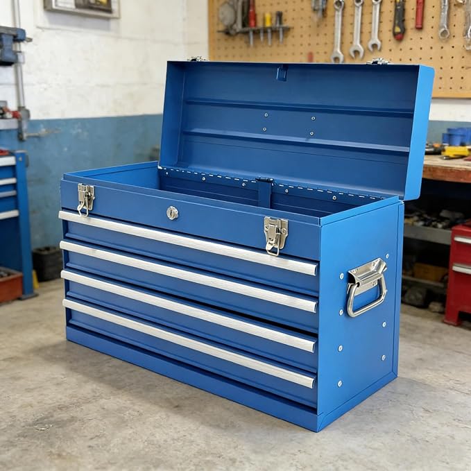 4 Drawers Metal Tool Box, 21'' Portable Metal Tool Box with EVA Liners & Auto-Locking Mechanism, Heavy Duty Steel Tool Chest with Ball-Bearing Drawer Slides & Convenient Top Handle, Blue