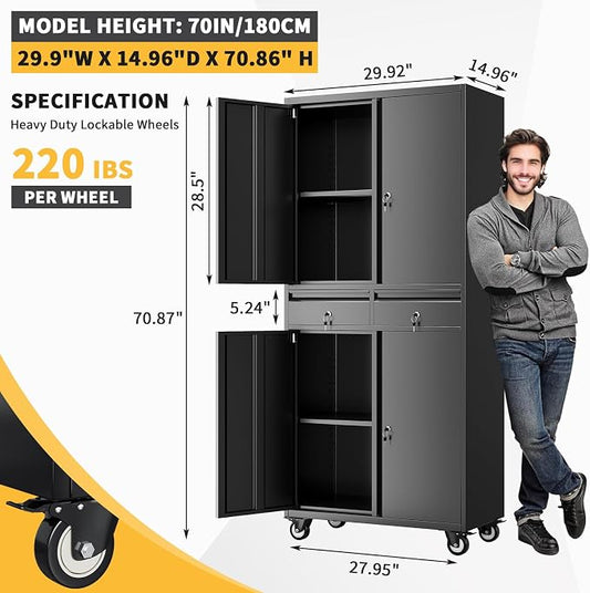 71" Black Metal Storage Cabinet with Wheel, Garage Storage with 2 Drawers + 2 Adjustable Shelves, Heavy Duty Tool Cabinet with Locking Doors for School, Workshop, Office, Black