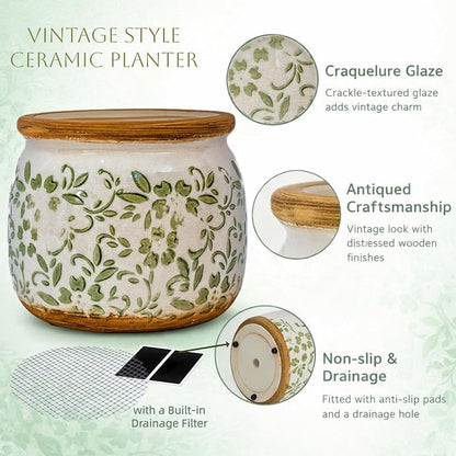 Vintage Ceramic Flower Pots - Indoor Outdoor Planters with Drainage Holes & Filter Screen, 6.5’’& 9’’ Rustic Farmhouse Decorative Plant Pots for Garden/Patio (Green Vines, Small to Large Bundle)