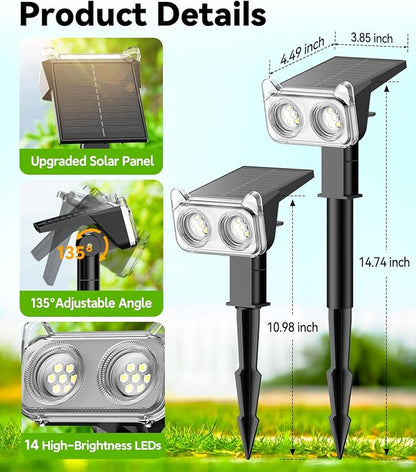 LETMY Solar Lights Outdoor Waterproof IP65, 2 Pack Solar Spot Lights Outdoor with 14 Big LEDs, 2-in-1 Wall Lights & 7 Modes Solar Landscape Spotlights for Pathway Yard Patio Decor Garden Gifts (RGB)
