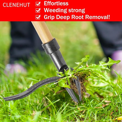 Weeder - Stand Up Weed Puller Tool Made with Long Handle - Real Bamboo & 4-Claw Steel Head, Easily Remove Weeds Without Bending, Pulling, or Kneeling.