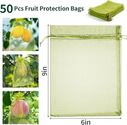 NIUBIER 50 Pcs Fruit Protection Bags, 6×9 in Green Fruit Nets for Fruit Tree, Drawstring Mesh Cover Bags to Protect Vegetables Tomato Strawberry Garden