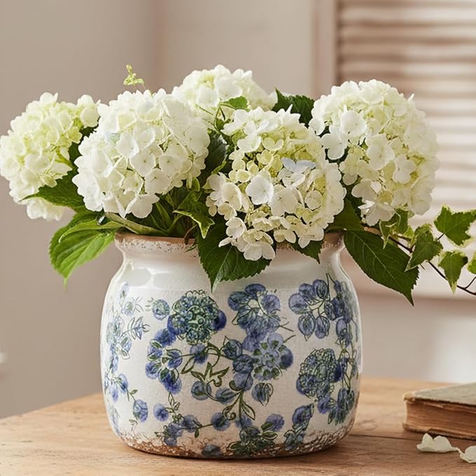 Ceramic Planters Spring Decor, 6.3in Country Cottage Plant Pots with Drainage Hole for Indoor Plants & Succulent, Vintage Crackle Glaze Finish Flower Vase, Home Decor Gifts, Deep Blue Floral