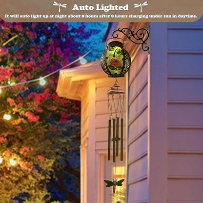 Solar Wind Chimes for Outdoor, Dragonfly Garden Decorations Memorial Wind Chimes Deep Tone, Sympathy Windchimes with Detachable Solar Lanterns Outside Garden Décor, Gifts for Mom, Grandma-Dragonfly