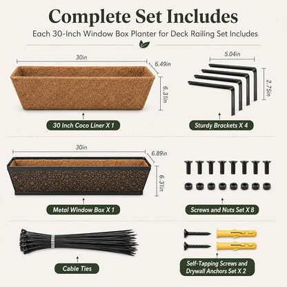 Halatool Railing Deck Balcony Planter Window Boxes, 2 Pack 30 Inch Metal Heavy Duty Planter Boxes with Coco Liner for Windowsill Fence Porch Patio Lawn Outdoor