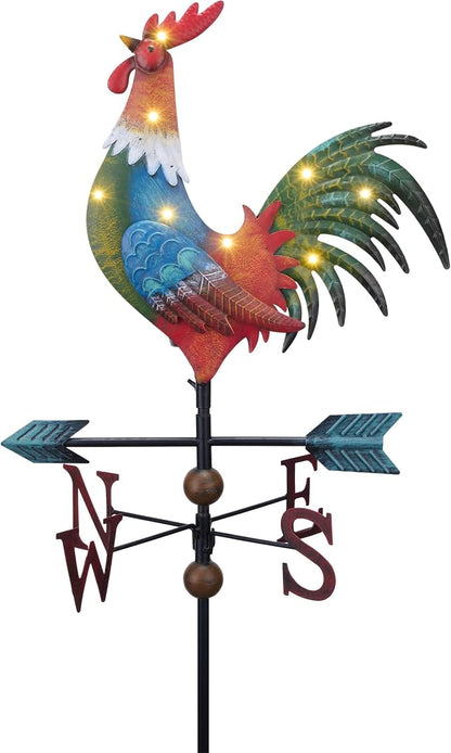 TERESA'S COLLECTIONS Garden Decor with Solar Outdoor Lights, Metal Rooster Weathervane Decorations for Outside, Red Yard Art Sign Decorative Garden Stake for Outdoor Fall Decor Lawn, Gifts for Mom