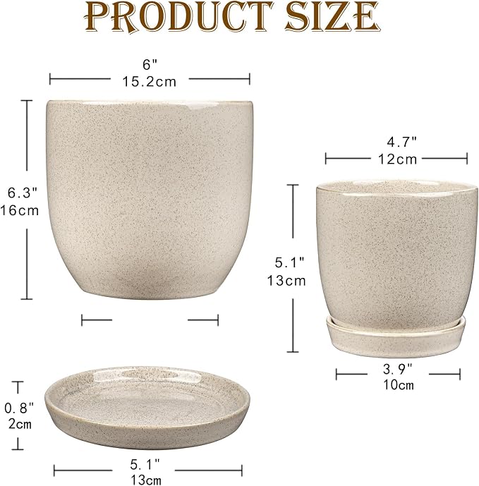 GnFlus Ceramic Plant Pots 6 Inch + 5 Inch Set of 2, Flower Plants Pot with Drainage Holes and Saucers Tray White Planter Garden Pot for Succulent Cactus Home Decoration Gift Indoor Outdoor
