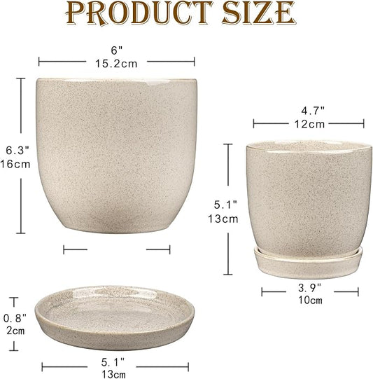 GnFlus Ceramic Plant Pots 6 Inch + 5 Inch Set of 2, Flower Plants Pot with Drainage Holes and Saucers Tray White Planter Garden Pot for Succulent Cactus Home Decoration Gift Indoor Outdoor