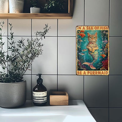 Mermaid Cat Vintage Tin Sign in A Sea of Fish Be A Purrmaid Metal Tin Sign for Coffee Home Decor Sign 12x8inch