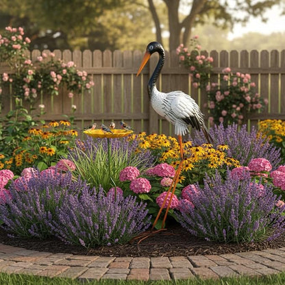 Large Heron Garden Statue for Outside,39" Crane Outdoor Statues with Leaf Tray,Metal Yard Art for Porch Backyard Patio Lawn Decor（Black+White）