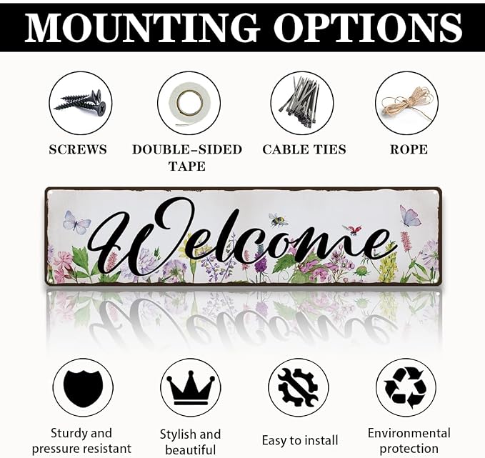 Garden Metal Tin Sign, Floral Watercolor Welcome Sign, Vintage Farmhouse Outdoor Wall Decor, for Porch Patio Fence Door Garden Entryway, Gift for Gardening Lover, 15.7 x 3.9 Inches