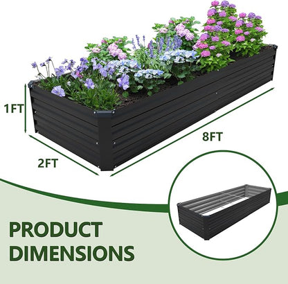 2PCS 8x2x1ft Galvanized Raised Garden Bed Kit,Gardening Planter Box | Outdoor Elevated Metal Planter Box For Vegetables, Flowers, Herbs, Anti-Rust Galvanized Steel, Open Drainage, Sturdy (Black)