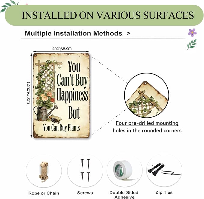 Funny Garden Metal Signs, Vintage Outdoor Wall Decor 8x12 Inch | Can't Buy Happiness But Buy Plants, Weatherproof Aluminum Sign for Patio Yard Greenhouse, Gift For Gardeners