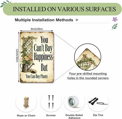 Funny Garden Metal Signs, Vintage Outdoor Wall Decor 8x12 Inch | Can't Buy Happiness But Buy Plants, Weatherproof Aluminum Sign for Patio Yard Greenhouse, Gift For Gardeners