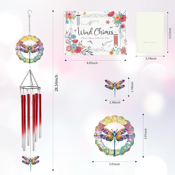 Dragonfly Wind Chimes for Outside with Wind Spinner, Outdoor Summer Garden Patio Yard Porch Decor, Colorful Dragonfly Wind Chime with Gift Box, Birthday Housewarming Gifts for Women Mom