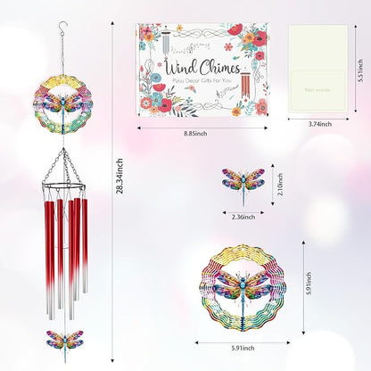 Dragonfly Wind Chimes for Outside with Wind Spinner, Outdoor Summer Garden Patio Yard Porch Decor, Colorful Dragonfly Wind Chime with Gift Box, Birthday Housewarming Gifts for Women Mom