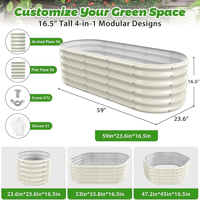 17" Tall Oval-Shaped / Elliptic Metal Raised Garden Bed Outdoor Cream White | 60X24X17 Inch,1.5 FT Tall,0.8MM Thick Galvanized Metal Painted,for Variety of Flowers,Herbs,Vegetables.with Gloves,Tool free