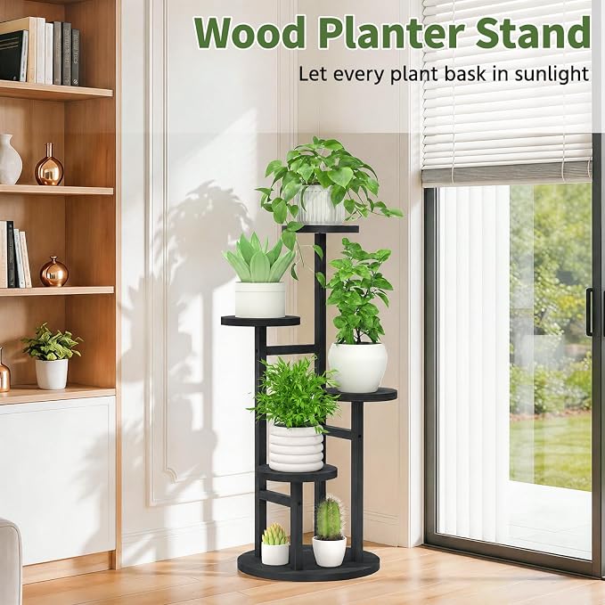 LASZOLA 4 Tiered Wood Plant Stand Indoor Corner, Flower Holder Rack Tall for Multiple Plants, Rustic Planter Shelf Display for Patio Garden Balcony Living Room, Black