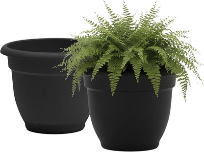 Bloem Ariana 20" Plastic Self-Watering Planter, Black, 2-Pack | Self-watering disk at the bottom of each pot that acts as a water wick and reservoir for optimal plant health