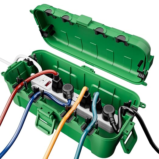 RESTMO Outdoor Electrical Box, IP54 Weatherproof Extension Cord Cover with 6 Cable Entry Ports, Waterproof Connection Box Protect Power Strip, Timer, Plug, Holiday Lights, (11.5x5.2x4 inch), Green