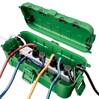 RESTMO Outdoor Electrical Box, IP54 Weatherproof Extension Cord Cover with 6 Cable Entry Ports, Waterproof Connection Box Protect Power Strip, Timer, Plug, Holiday Lights, (11.5x5.2x4 inch), Green