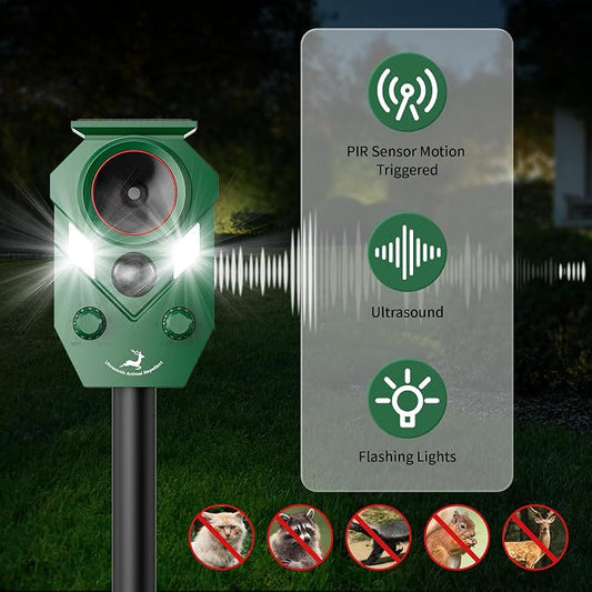 Solar Deer Repellent Devices Outdoor - Ultrasonic Animal Repellent with Motion Sensor & Strobe Lights, 4 Pack Waterproof Cat Repellent Outdoor, Repels Raccoon, Coyote for Garden & Lawn