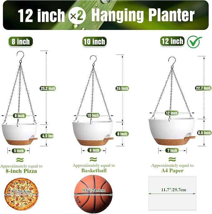 12 Inch Large Self Watering Hanging Planters 2 Pack with Saucers | Set of 2 12-inch self-watering hanging planters with extra soil capacity, side-fill ports, chain hangers & snap-on saucers