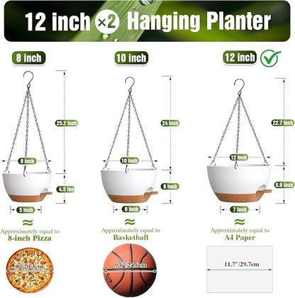 12 Inch Large Self Watering Hanging Planters 2 Pack with Saucers | Set of 2 12-inch self-watering hanging planters with extra soil capacity, side-fill ports, chain hangers & snap-on saucers