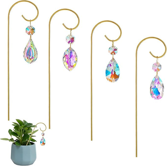 4PCS Small Trellis for Mini Potted Plants with Crystal Prisms Sun Catcher | Indoor Plant Accessories ,7.5inch Metal Plant Stakes Suncatchers for Fairy Garden,Rainbow Crystals,Whimsical Decor For Home