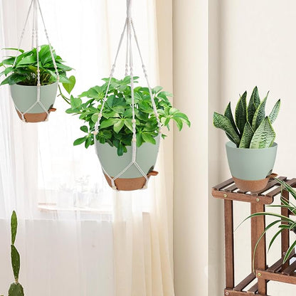 Vanslogreen 12 Inch Hanging Planters for Indoor Outdoor Plants, Self Watering Hanging Pot with Drainage Holes & Removable Tray, Macrame Plant Hanger for Boho Home Decor (Ivory+White) (Ivory+Green)