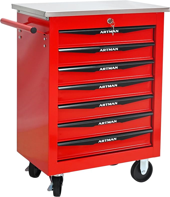 KEIKI 7 Drawers Tool Cart on Wheels,Multifunctional Rolling Tool Chest Tool Storage,Drawers Rolling Tool Trolley Organizer Tool Case for Garage, Warehouse, Workshop, Repair Shop (Red)