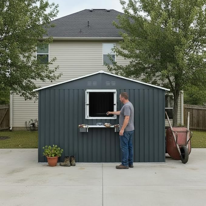 12x10 FT Outdoor Storage Shed,Tool Shed with 3 Openable Windows,Metal Building Backyard Shed w/Windowsill & Decorative Flower Rack,Lockable Single Door,Heavy Duty Waterproof,for Patio,Coal Gray
