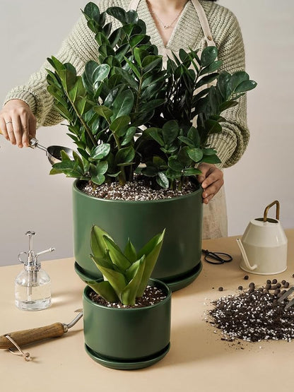 LE TAUCI Ceramic Pots for Plants, Set of 2, 10 + 12 Inch Plant Pot with Drainage Hole and Saucer, Durable & Stylish Planters for Indoor Plants, Elevate Your Home’s Aesthetic, Forest Green