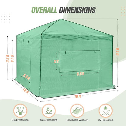 EAGLE PEAK 10x10 Portable Walk in Greenhouse, Pop Up Indoor Outdoor Greenhouse, Green House Kit with Zippered Roll-Up Doors and Windows, PE Cover, Clear/Green