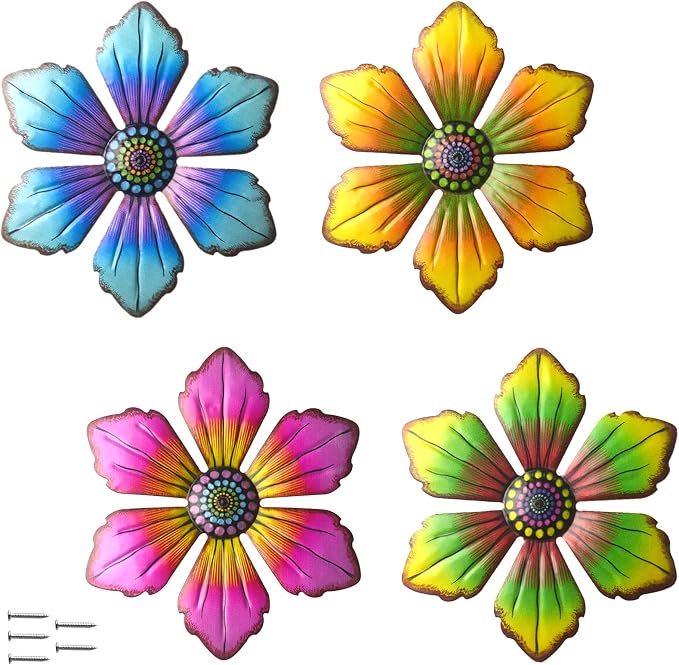 Gooyule Metal Flower Wall Art - Colorful Floral Decor for Indoor Outdoor Hanging - Home Office Garden Yard Wall Decoration Set (Metal Flower Decor B)