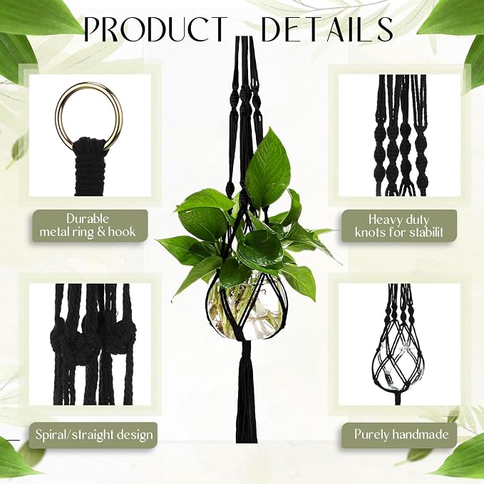 Colingmill 6 Pcs Plastic Plant Propagation with Boho Macrame Hanger Wall Plant Propagation Station Hanging Holder Include Hooks Kit for Indoor Home Garden Office Decor 3 Size (Black)