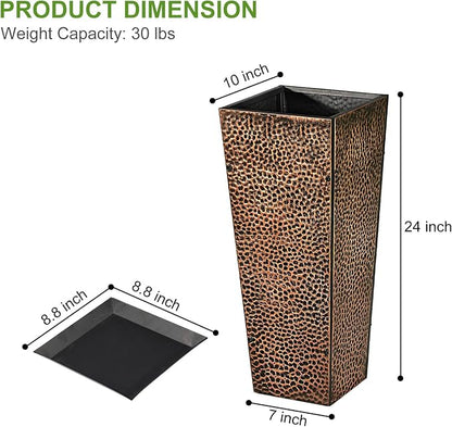 BAYN 2-Pack 24" Tall Metal Planter – Hand-Hammered Textured Large Bronze Flower Pots Box with Saucer for Outdoor&Indoor, Garden, Porch, Patio, Yard with Pre-Drilled Drainage Holes