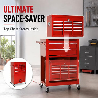 8-Drawer Tool Chest, Detachable Top Box for Garage,Red | Rolling Mobile Storage Cabinet Organizer with Lockable Wheels for Workshop Utility, Heavy Duty Metal Construction