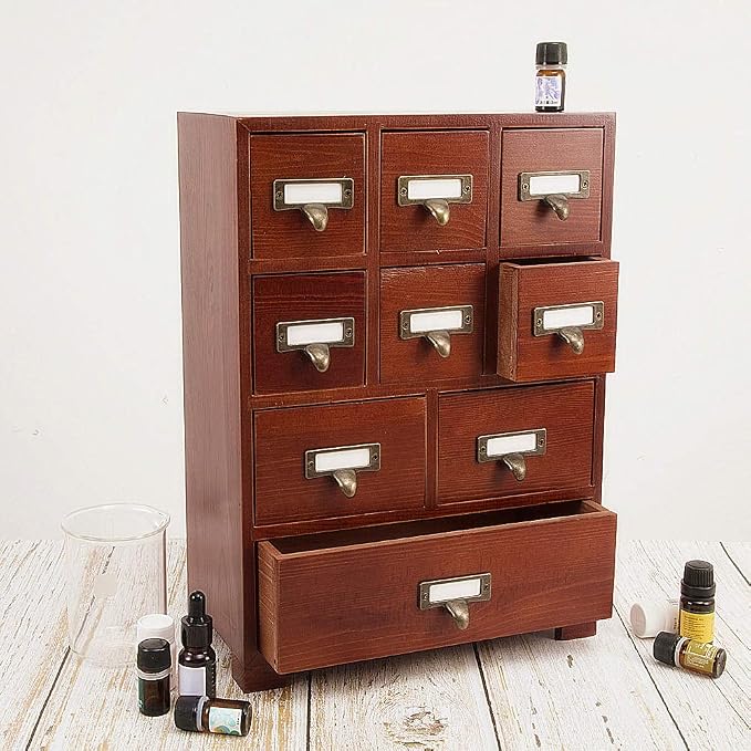 Apothecary Drawers Apothecary Cabinet with Drawers, Brown | 9 Drawer Library Card Catalog, Wooden Storage Box, Wooden Desktop Organizer with Metal Handles-Fulled Assembled