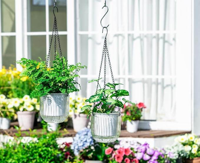 Josteve 5.2 Inch 2 Pcs Self Watering Hanging Planter Indoor Plant Pots Drainage Holes, Outdoor Small Hanging Planters Flower Pot Basket, Visible Water Level, Plant Hanger Home Decor, Gardening