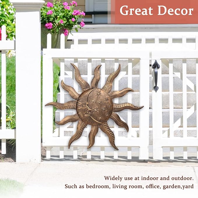 VCUTEKA 27" Sun Metal Wall Art Outdoor Decor Moon Wall Decoration Metal Wall Sculpture Hanging Garden Wall Art Wall Sculpture for Indoor Outdoor Patio Fence Decor Gold