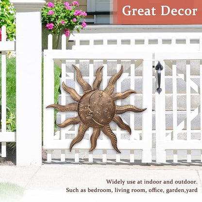 VCUTEKA 27" Sun Metal Wall Art Outdoor Decor Moon Wall Decoration Metal Wall Sculpture Hanging Garden Wall Art Wall Sculpture for Indoor Outdoor Patio Fence Decor Gold